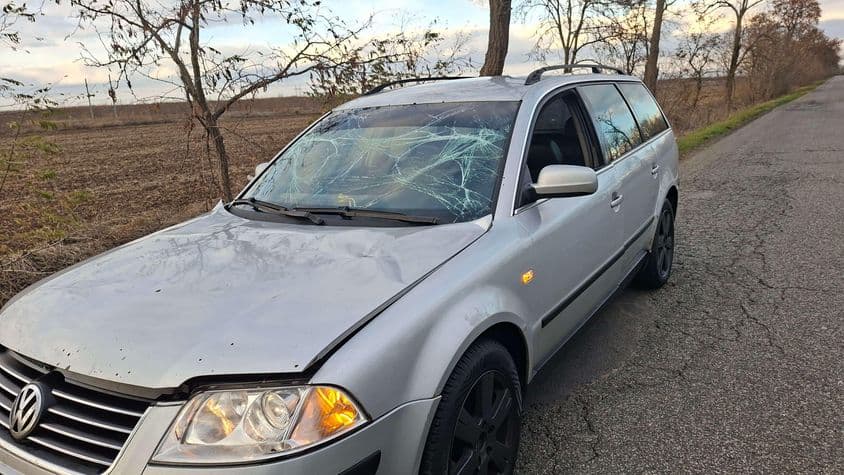 Betört szélvédőjű Volkswagen út szélén.